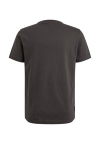 Dark gray cotton t-shirt, short sleeves, crew neck, flat hem, smooth texture, with subtle stitching accents at the side near the hem.