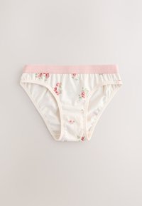 Sous-vêtement blanc en coton avec un design floral, une ceinture élastique rose et de petits motifs de roses partout. Tissu doux avec des bords cousus.