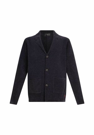 Cardigan di un blu scuro realizzato in materiale lavorato a maglia, con colletto a scialle, cinque bottoni, due tasche frontali e una trama sottile.