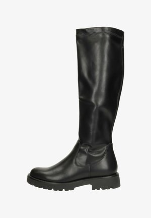 Hoge zwarte leren laarzen met een gladde textuur, ronde neus en chunky rubberen zool; beschikt over een gestikte bovenrand en een design met zijpanelen.