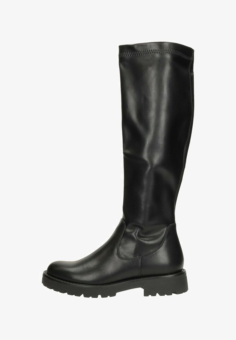 Hoge zwarte leren laarzen met een gladde textuur, ronde neus en chunky rubberen zool; beschikt over een gestikte bovenrand en een design met zijpanelen.
