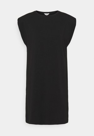 Vestito nero senza maniche con scollo rotondo, spalle leggermente imbottite, taglio dritto e tessuto liscio e morbido.