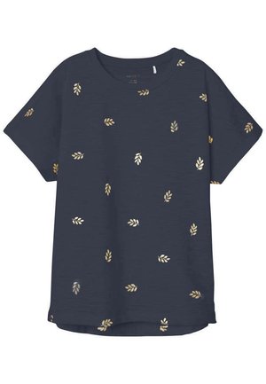 T-shirt à manches courtes navy en tissu texturé, décoré de petits motifs en feuille d'or, avec une coupe décontractée et un ourlet arrondi.