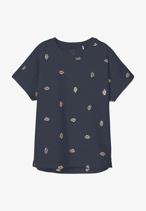 T-shirt à manches courtes navy en tissu texturé, décoré de petits motifs en feuille d'or, avec une coupe décontractée et un ourlet arrondi.