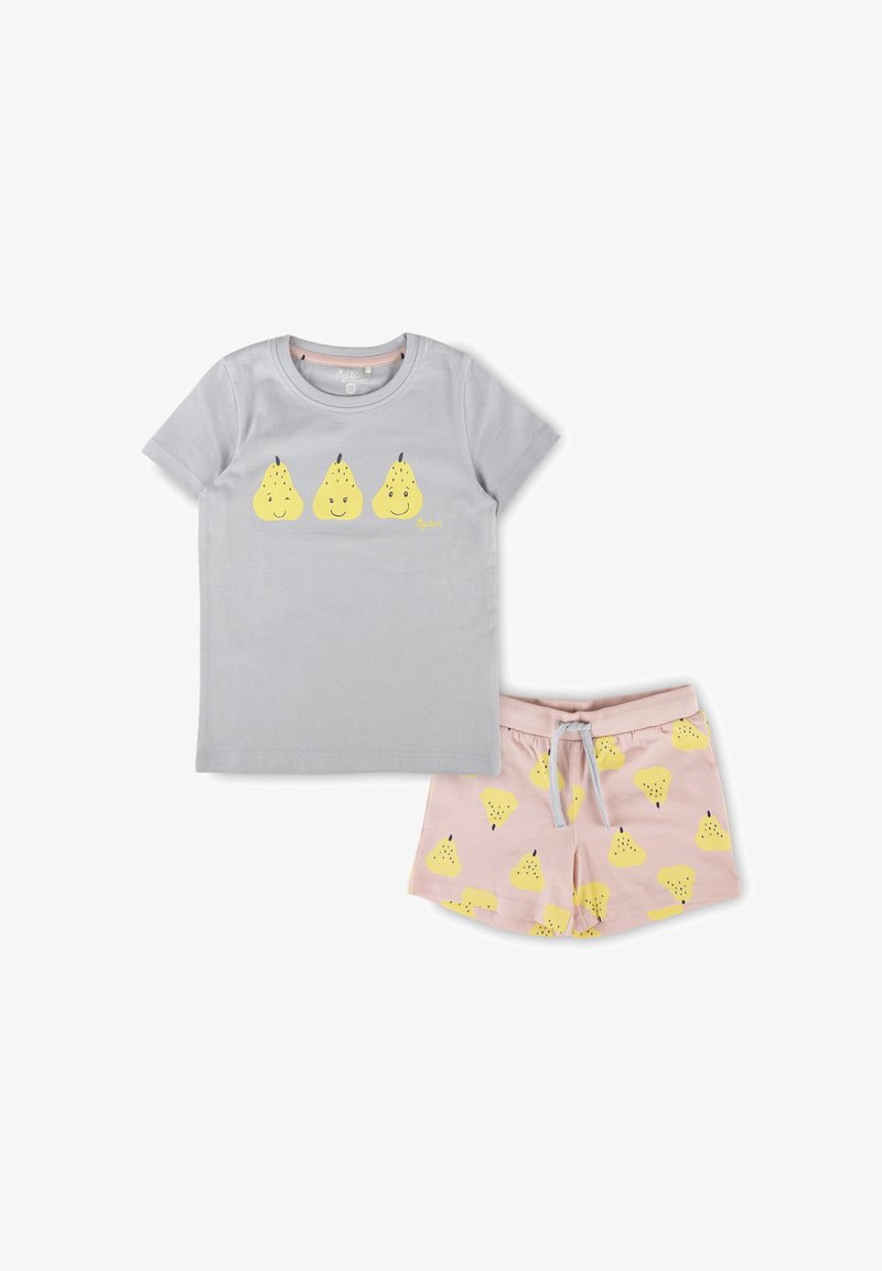 T-shirt en coton gris avec trois graphiques de poires jaunes sur le devant, associé à un short rose avec un motif de poires jaunes et une taille à cordon.