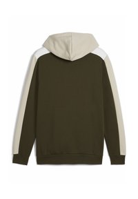 Sudadera color caqui con un diseño de panel blanco y beige, que cuenta con capucha con cordón y puños acanalados, hecha de una suave tela texturizada.