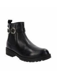 Stivale ankle in pelle nera con pannelli elastici laterali, punta tonda e accessori decorativi in argento sulla cinghia alla caviglia. Suola in gomma testurizzata.