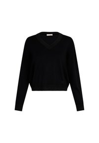 Maglione nero corto con scollo a V, polsini e orlo a coste, texture morbida e dettagli nel collo scuro in contrasto. Presenta il logo in fondo.