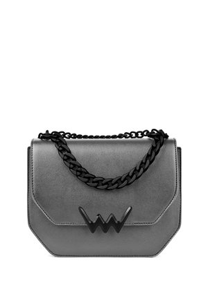 Gray faux leather handbag with a geometric shape, embossed logo, and black chain strap. Features a smooth texture with angular edges.