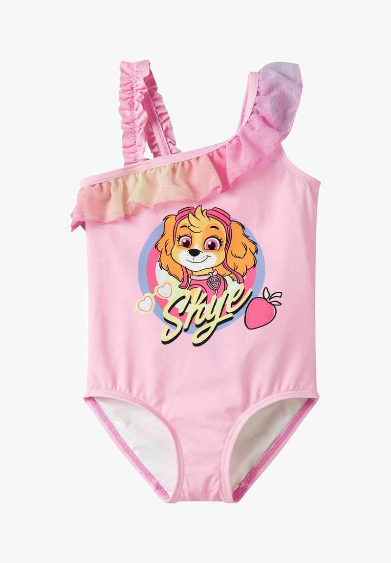 Maillot de bain rose une épaule avec bretelles à volants, avec un chiot de dessin animé portant des lunettes et le mot « Skye » accompagné de cœurs et d’un dessin de fraise.