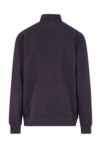Dunkellila Sweatshirt mit hohem Kragen, langen Ärmeln, gerippten Bündchen und einem schlichten Design; aus einem weichen, strukturierten Stoff gefertigt.
