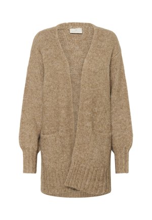 Cárdigan beige hecho de material de punto suave, con un corte relajado, frente abierto, mangas largas y dos grandes bolsillos frontales.