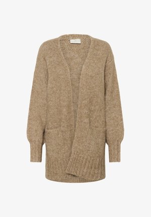 Beige cardigan made of soft knit material, featuring a relaxed fit, open front, long sleeves, and two large front pockets.