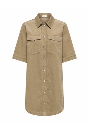 Béžové košilové šaty s krátkým rukávem z manšestru. Mají zapínání na knoflíky vpředu, dvě náprsní kapsy a klasický špičatý límec.