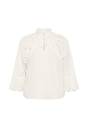 Valge pika varrukaga pluus, millel on voltidega kõrge krae, ees lips ja voltidega detailid varrukatel ja rinnal.