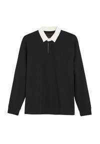 Czarna polo z długim rękawem, z białym kołnierzykiem i ćwierć długości zapięciem na guziki. Posiada wytłoczone logo na klatce piersiowej. Wykonana z delikatnej bawełny.