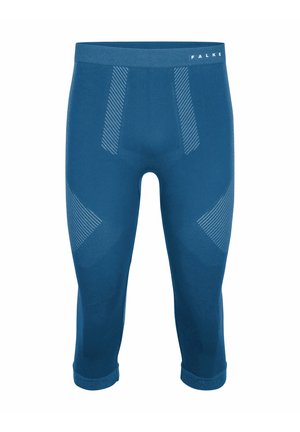 Niebieskie bezszwowe legginsy o długości za kolano z wzorzystymi strefami wentylacyjnymi i paskiem z napisem Falke.