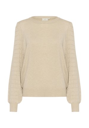 Beige pullover sweater med rund halsudskæring og teksturerede ballonærmer. Lavet af strikmateriale, har den ribbede detaljer på ærmerne.