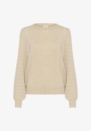 Beige pullover sweater med rund halsudskæring og teksturerede ballonærmer. Lavet af strikmateriale, har den ribbede detaljer på ærmerne.