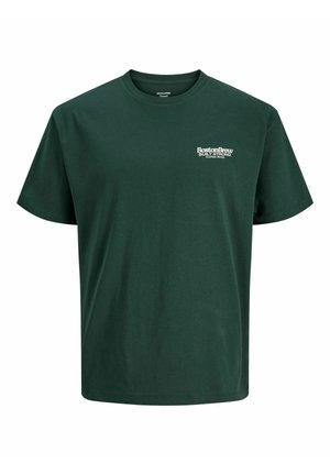 Tumedrohelise lühikeste varrukatega ümarkaelusega T-särk, millel on vasakul rinnal valge tekst "Boston Brew Built Strong Coffee Shop".