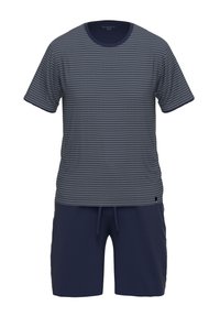 Gestreiftes dunkelblaues T-Shirt mit kurzen Ärmeln und Rundhalsausschnitt, kombiniert mit passenden einfarbigen dunkelblauen Shorts mit elastischem Bund.