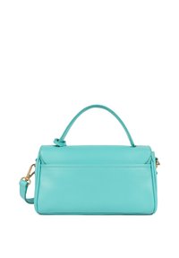 Borsa a tracolla in pelle turchese con una forma rettangolare strutturata, manico superiore e tracolla staccabile. Texture liscia e design minimale.