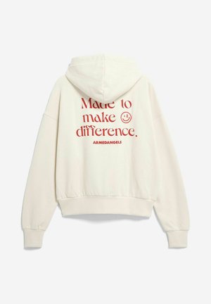 Sereen kleurige hoodie met een losse pasvorm, voorzien van rode tekst "Made to make difference." en een logo aan de achterkant. Zachte stof en geribbelde boorden.