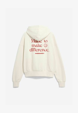 Sereen kleurige hoodie met een losse pasvorm, voorzien van rode tekst "Made to make difference." en een logo aan de achterkant. Zachte stof en geribbelde boorden.