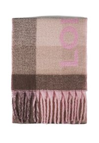 Écharpe rectangulaire tissée dans des nuances de rose et de marron, comportant un grand texte graphique. Fini avec des bords frangés pour plus de texture.
