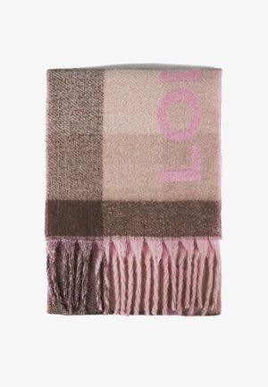 Écharpe rectangulaire tissée dans des nuances de rose et de marron, comportant un grand texte graphique. Fini avec des bords frangés pour plus de texture.