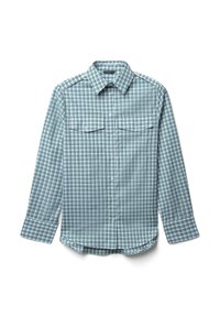 Camicia a maniche lunghe in verde e bianco a scacchi, con due tasche frontali e chiusura con bottoni; realizzata in tessuto leggero.
