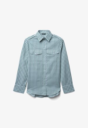 Long-sleeve shirt in green and white check pattern, with two front pockets and a button-up design; made of lightweight fabric.
