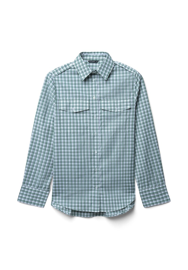 Camicia a maniche lunghe in verde e bianco a scacchi, con due tasche frontali e chiusura con bottoni; realizzata in tessuto leggero.