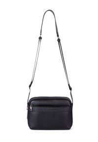 Svart läder crossbody-väska med en texturerad yta, utrustad med ett blixtlåsförsett huvudfack, framfack och justerbar rem.