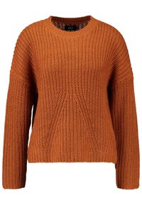 Maglione lavorato a maglia di un arancione rugginoso con scollo a girocollo, vestibilità ampia e motivo testurizzato. Presenta spalle scese e polsini a coste.