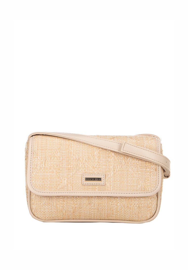 Borsa in tessuto beige intrecciato con una tracolla e rifiniture in pelle liscia. Presenta una forma rettangolare con un motivo discreto e una placca logo frontale.