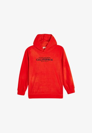 Haut à capuche en polaire rouge avec une poche kangourou, des poignets larges et le texte "SUIVEZ VOS RÊVES CALIFORNIE MCMXLXVIII" en bleu marine.