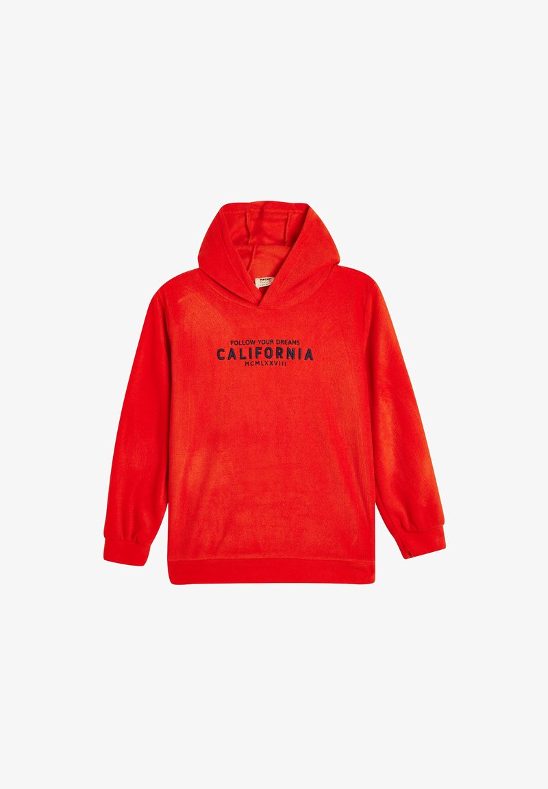 Sudadera de forro polar roja con bolsillo tipo canguro, puños anchos y el texto "SIGUE TUS SUEÑOS CALIFORNIA MCMXLXVIII" en azul marino.