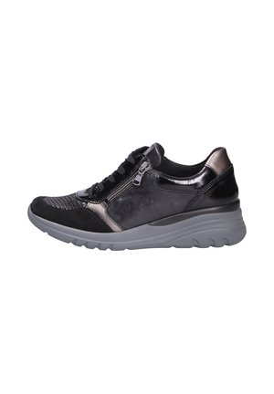 Black athletic shoes with a textured upper, shiny accents, a side zipper, and a gray rubber sole featuring a wave pattern.