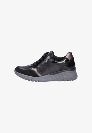 Black athletic shoes with a textured upper, shiny accents, a side zipper, and a gray rubber sole featuring a wave pattern.