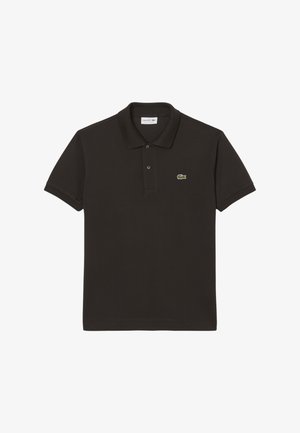 Črna bombažna polo majica s klasičnim ovratnikom, dvognjednim gumbom in zelenim vezenim logotipom na levem prsnem delu. Kratki rokavi, enotna tekstura.