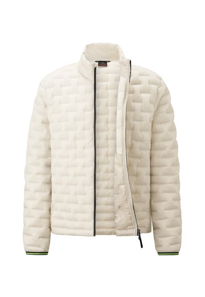 Lightweight puffer jacket in cream with a quilted pattern, standing collar, front zipper, and ribbed cuffs with a green accent.