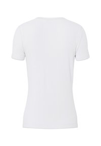 Valge lühikeste varrukatega T-särk, ümmargune kaelus, pehme puuvillane materjal, liimistatud disain, sile tekstuur, ilma nähtavate mustrite või aksessuaarideta.