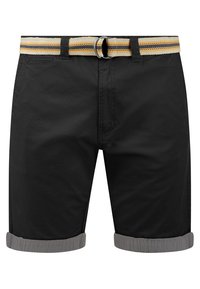 Shorts noirs en coton avec un ourlet gris retroussé. Comprend une ceinture tissée avec des rayures jaunes et marine et une boucle en argent.