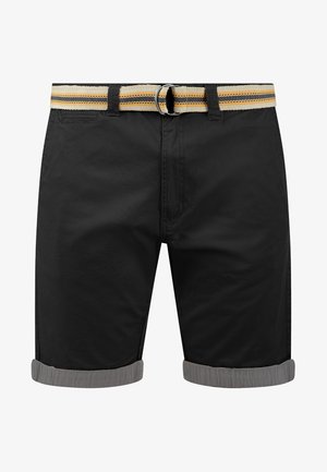 Pantaloni corti neri in cotone con orlo grigio arrotolato. Presentano una cintura intrecciata con strisce gialle e navy e una fibbia in argento.