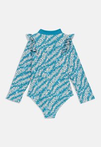 Enosvetni kopalni kostim dolgimi rokavi v turkizni barvi z rožnatim vzorcem. Ima naborke na ramenskih delih in visok ovratnik. Gladek, raztegljiv material.