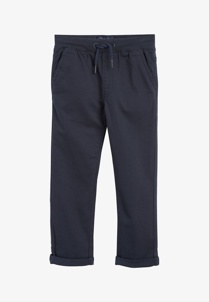 Pantaloni in misto cotone di colore blu navy con elastico in vita, chiusura con coulisse, due tasche laterali e orli arrotolati per una vestibilità comoda.