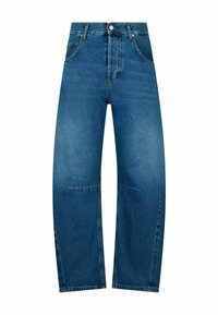 Jeans in denim blu con vita alta, design a gamba dritta, tasche frontali e patta con bottoni. Presentano una leggera scoloritura e cuciture a contrasto.