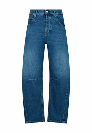 Jeans in denim blu con vita alta, design a gamba dritta, tasche frontali e patta con bottoni. Presentano una leggera scoloritura e cuciture a contrasto.