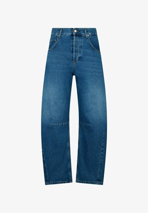 Sinine teksariie kõrge vöökoht, sirge jala disain, esikotid ja nööbid. Sisaldab kerget kulumist ja kontrastset tikandit.